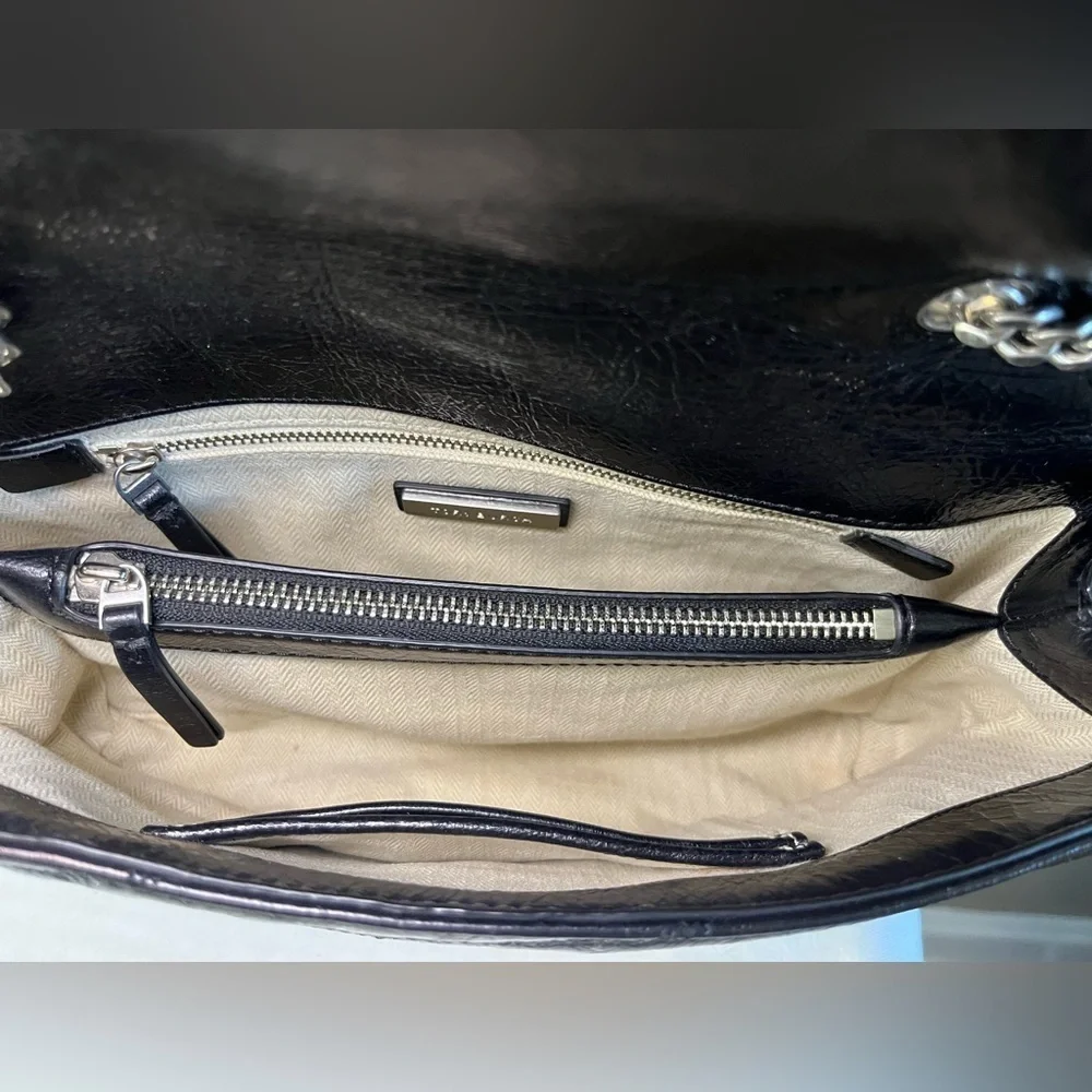 Tory Burch Kira Black Glazed Leather Crossbody Shoulder Bag Silver Hardware